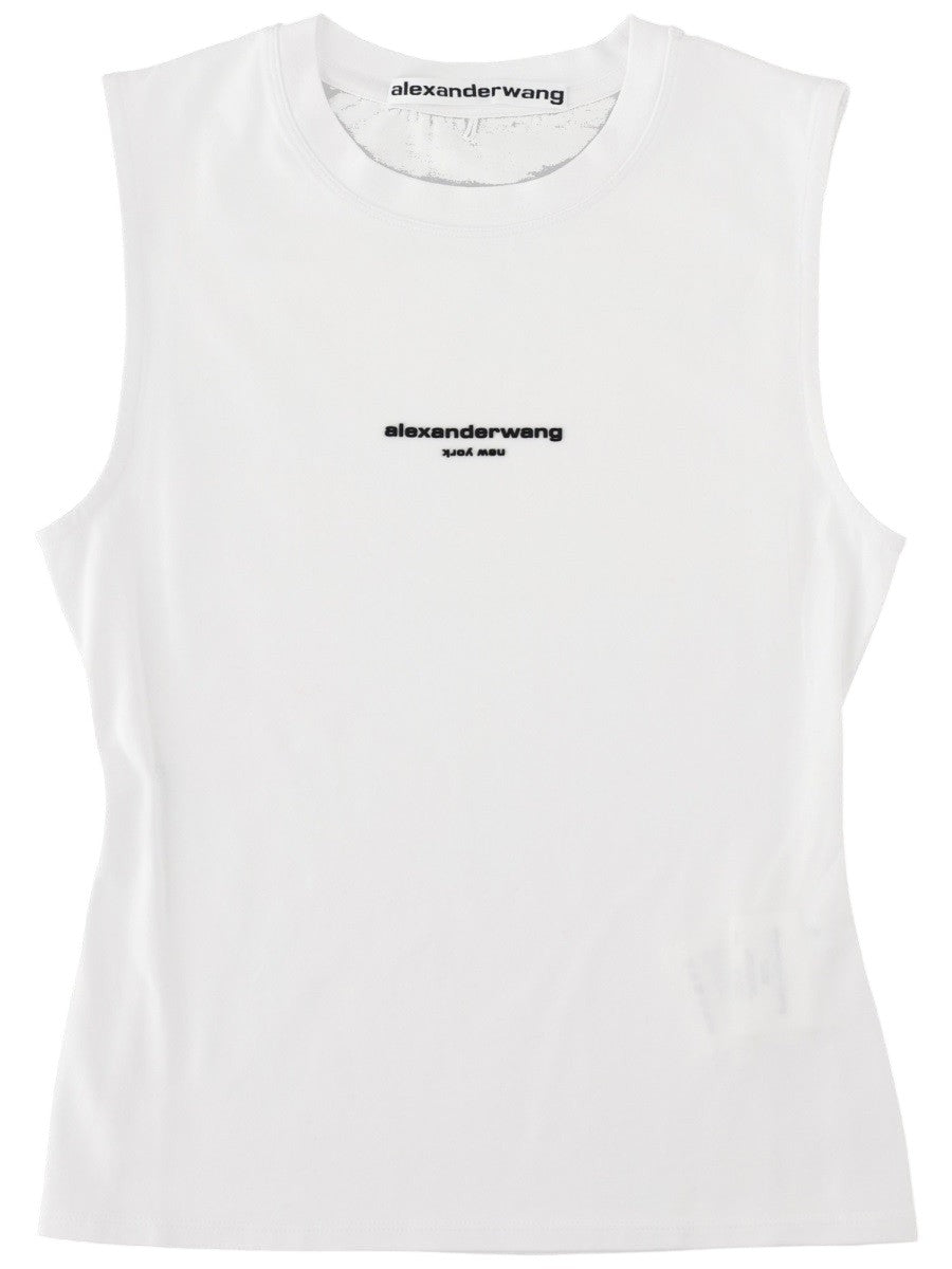 Front view of the Alexander Wang Stretch Cotton Tank Top in white, featuring a crew neckline, sleeveless shape and small chest logo.