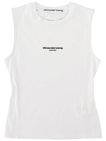 Front view of the Alexander Wang Stretch Cotton Tank Top in white, featuring a crew neckline, sleeveless shape and small chest logo.