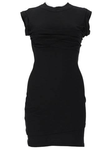 Front view of the Alexander Wang Twisted Mini Dress in black, featuring a body-hugging cut, short sleeves and twisted draped panel across the chest.