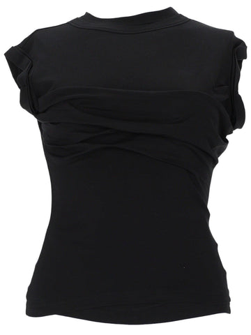Front view of the Alexander Wang Twisted Top in black, featuring a fitted shape with layered twisted fabric detail across the chest.
