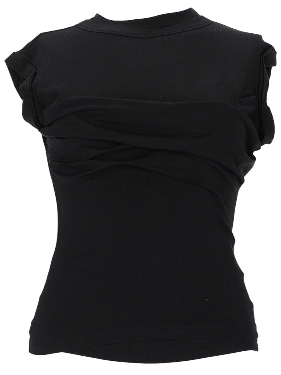 Front view of the Alexander Wang Twisted Top in black, featuring a fitted shape with layered twisted fabric detail across the chest.