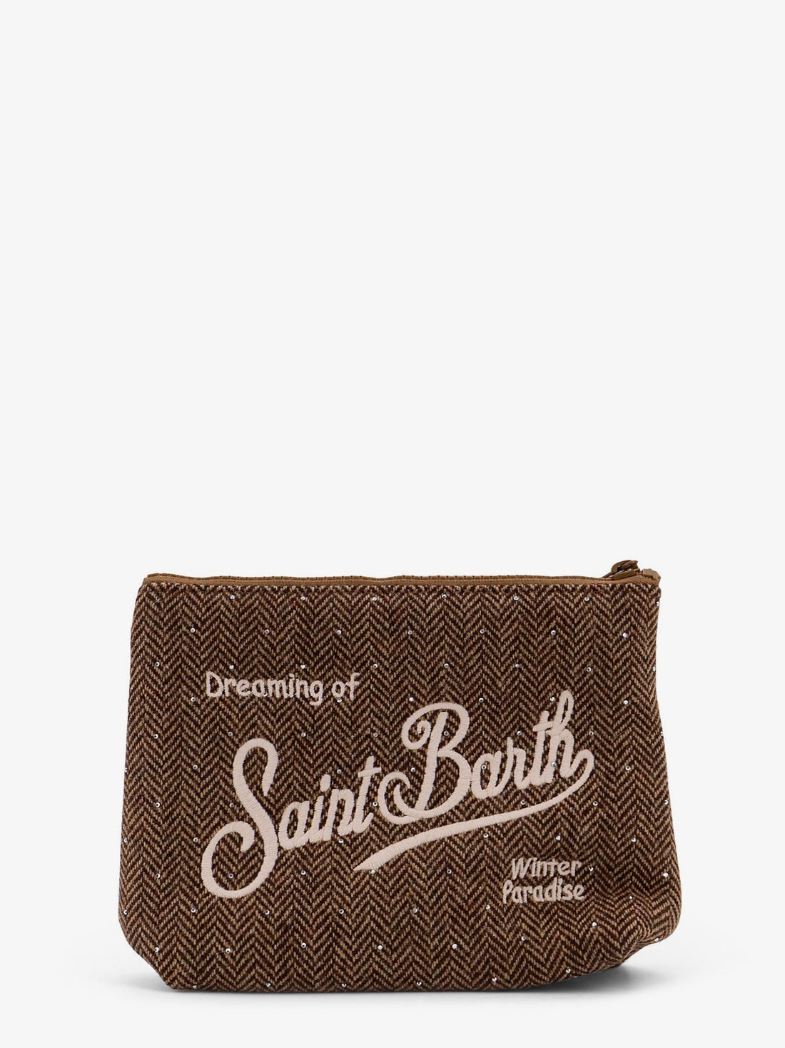 Aline Wool clutch with herringbone motif and rhinestones