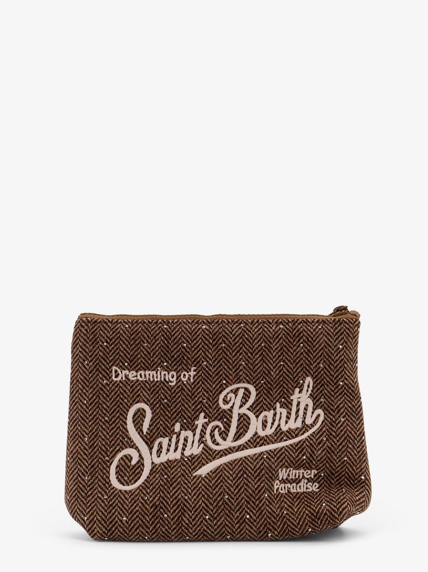 Aline Wool clutch with herringbone motif and rhinestones