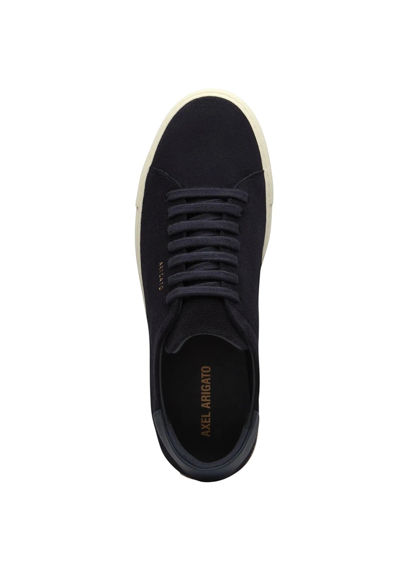 Top view of Axel Arigato navy suede sneakers with tonal lace-up closure and gold logo detail.