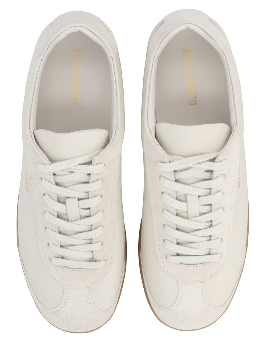 Top view of the AXEL ARIGATO Zane sneaker in off white leather highlighting the tonal laces and clean minimalist silhouette.