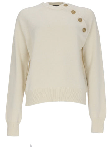 Front view of the Balmain Jewel Button Sweater in ivory, featuring decorative gold-tone jewel buttons along the shoulder.