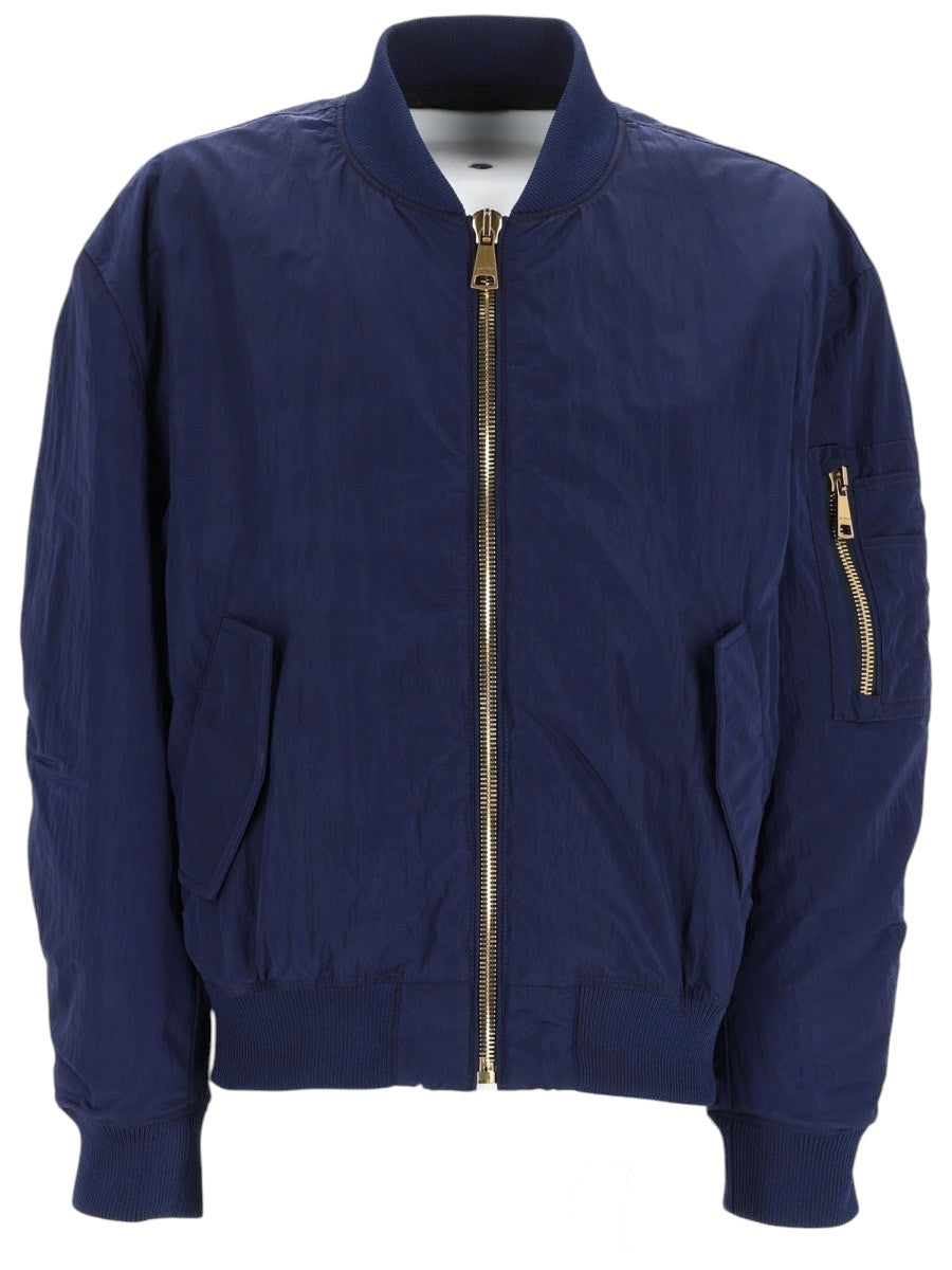 Balmain - BOMBER CON LOGO RICAMATO balmain-navy-blue-nylon-bomber-jacket-front-jpg