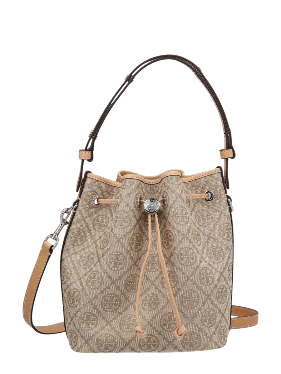 Klosmo Tory Burch T Monogram bucket bag in beige cotton blend with tan leather trim and drawstring closure
