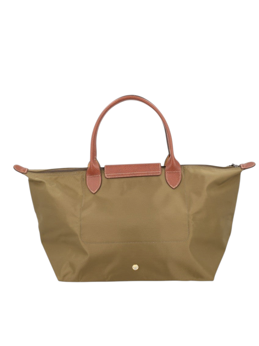 Klosmo Longchamp Le Pliage Original large tote bag in khaki polyamide with brown leather handles and flap