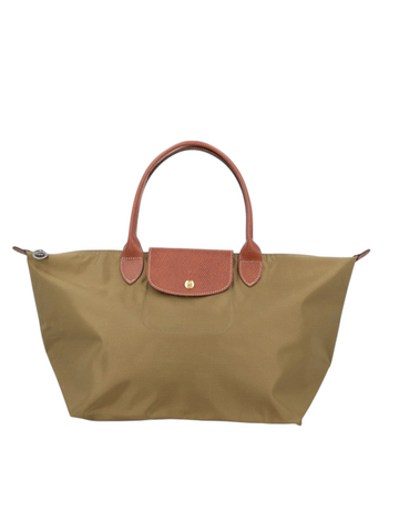 Klosmo Longchamp Le Pliage Original large tote bag in khaki polyamide with brown leather handles and flap