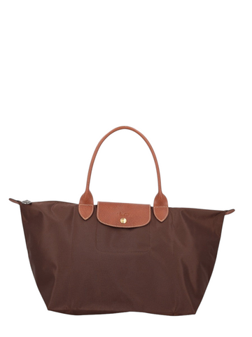 Klosmo Longchamp Le Pliage Original large brown polyamide tote bag with tan leather handles and gold snap closure.
