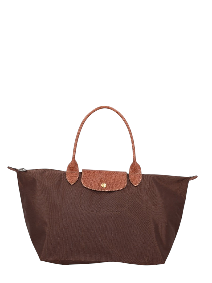 Klosmo Longchamp Le Pliage Original large brown polyamide tote bag with tan leather handles and gold snap closure.