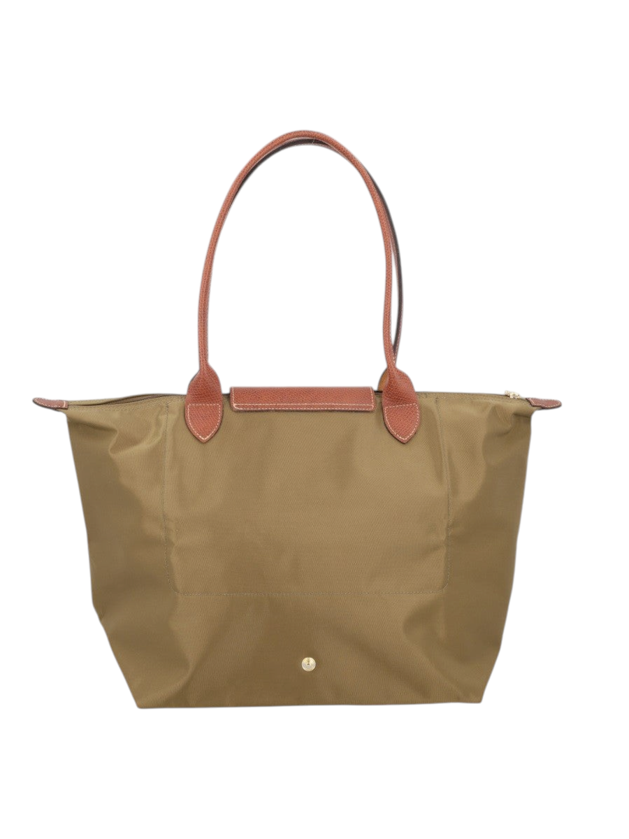 Klosmo Longchamp Le Pliage Original large tote bag in khaki polyamide with brown leather handles and gold snap button