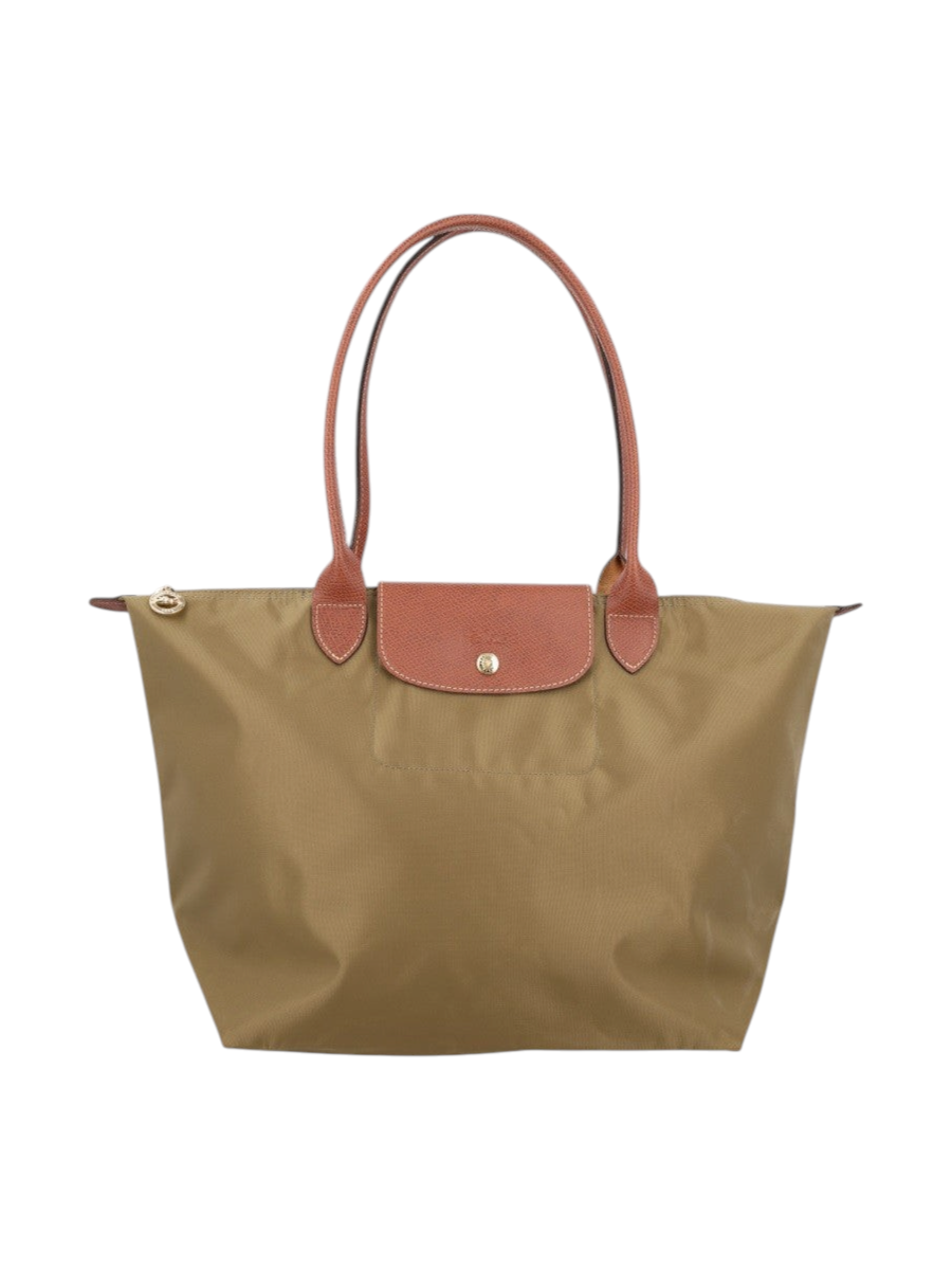 Klosmo Longchamp Le Pliage Original large tote bag in khaki polyamide with brown leather handles and flap
