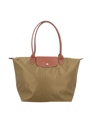 Klosmo Longchamp Le Pliage Original large tote bag in khaki polyamide with brown leather handles and flap