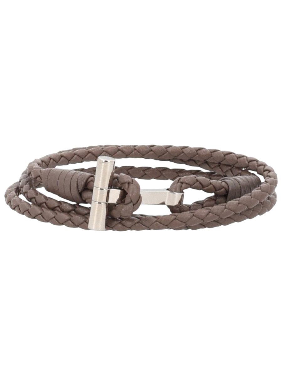 TOM FORD - Woven Leather and Silver-Tone Wrap Bracelet Grey