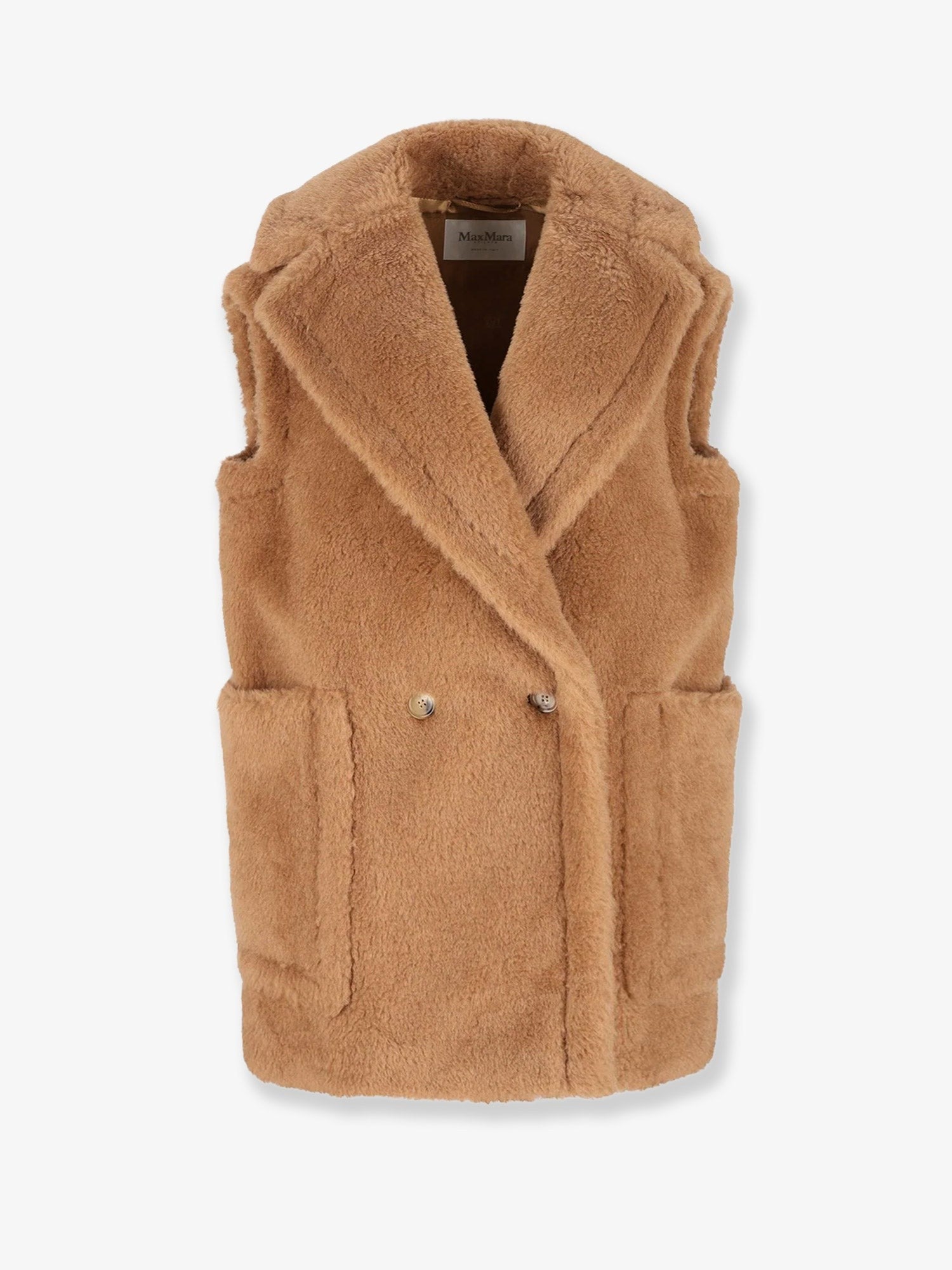 Breda camel and silk sleeveless coat