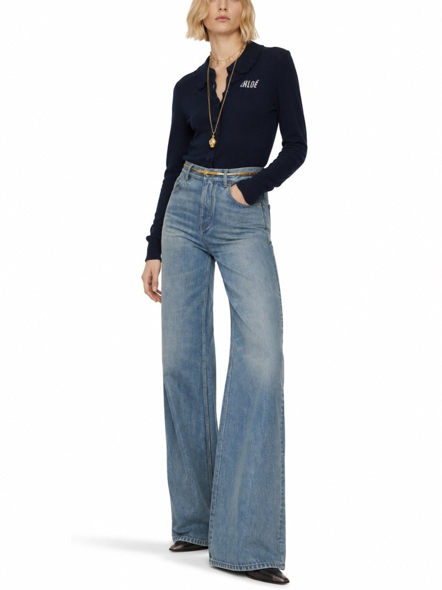 CHLOÉ - Logo-Embroidered Wool Cardigan Blue