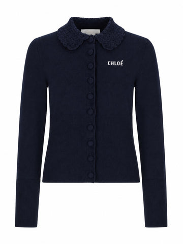 CHLOÉ - Logo-Embroidered Wool Cardigan Blue