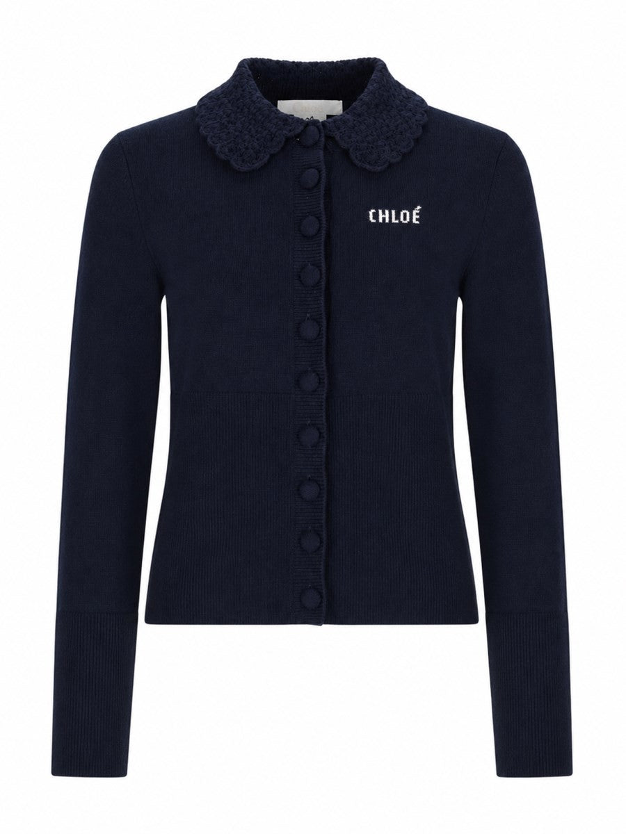 CHLOÉ - Logo-Embroidered Wool Cardigan Blue