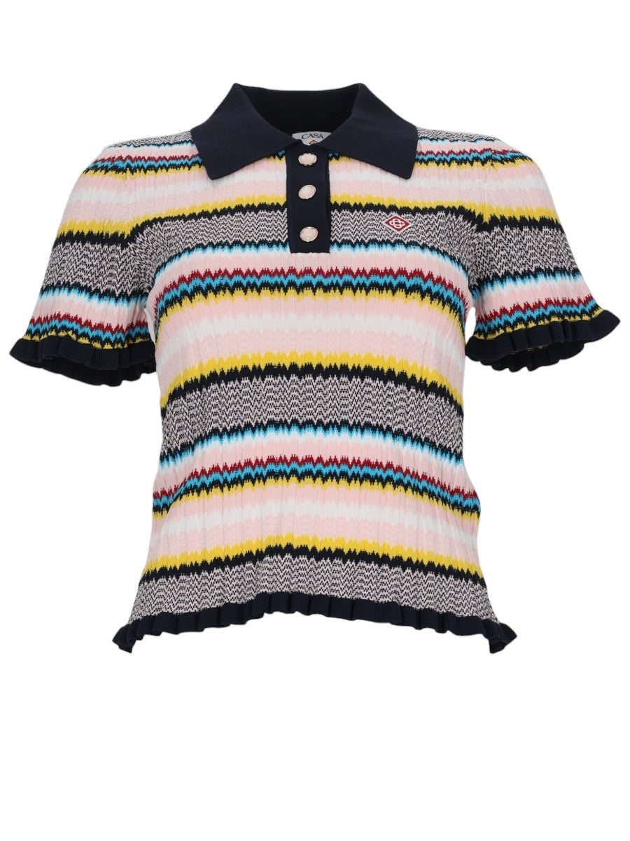 CASABLANCA - Chevron Pattern Polo Knit Top - Multicolor casablanca-chevron-pattern-polo-knit-top-multicolor-front-jpg