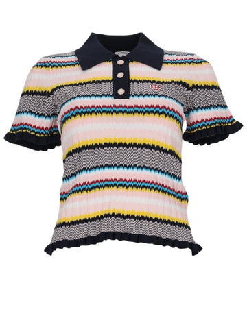 Front view of Casablanca rib-knit polo top featuring vibrant chevron-inspired stripes, contrast collar and ruffled trim details