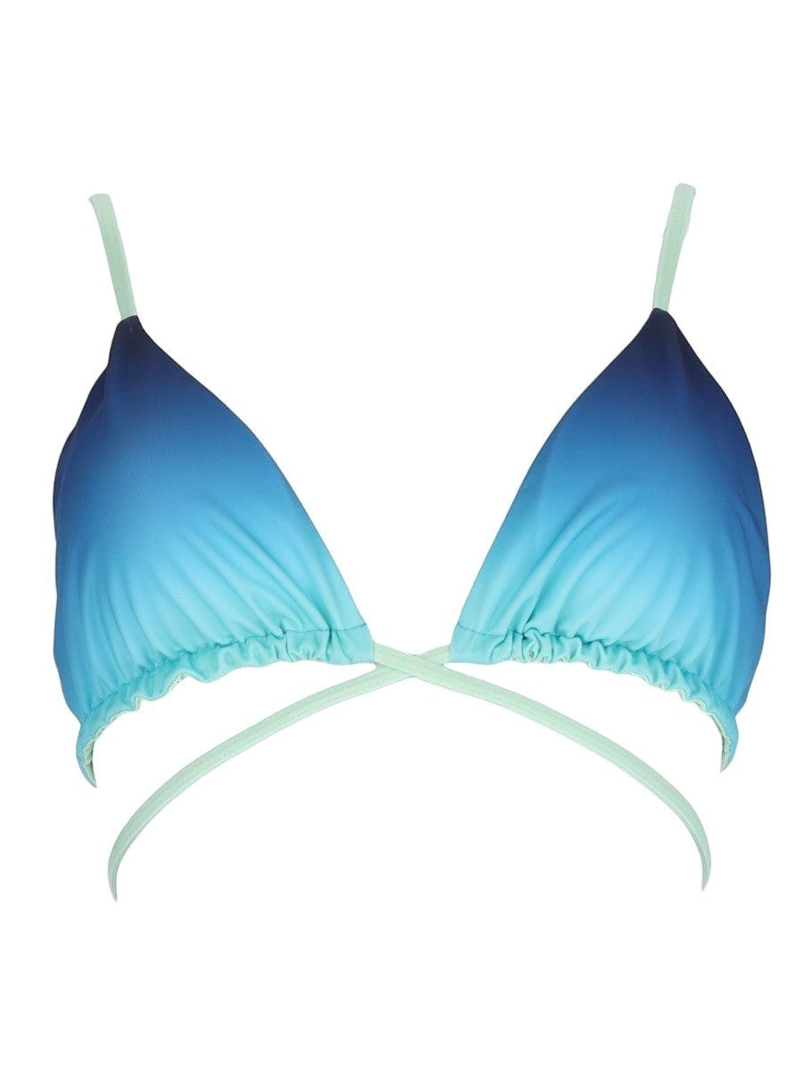 Front view of Casablanca triangle bikini top with blue gradient cups, mint straps and gathered trim