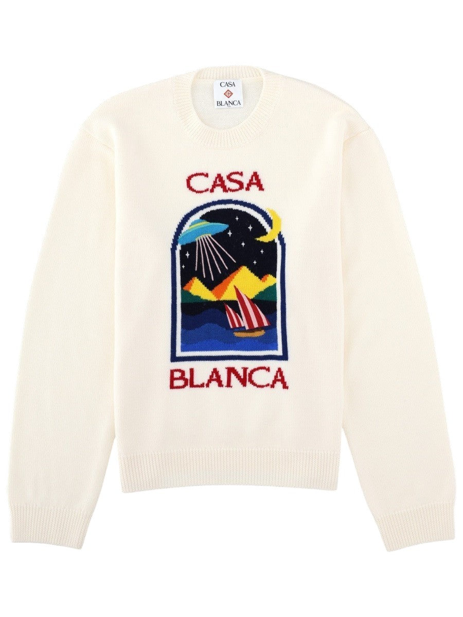 CASABLANCA - Graphic Logo Knit Sweater - White casablanca-graphic-logo-knit-sweater-ivory-front-jpg
