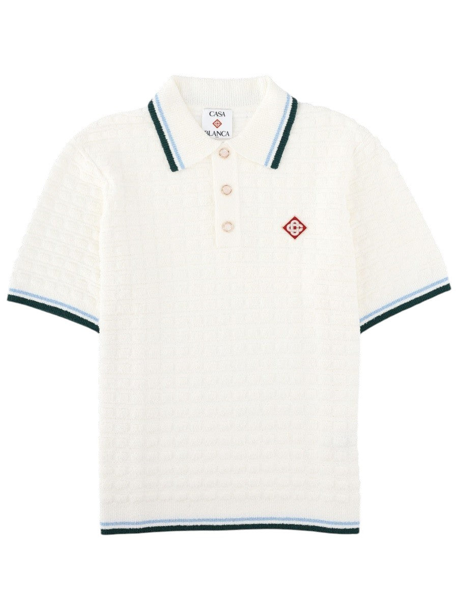 CASABLANCA - Logo Bouclé Knit Polo Shirt - White casablanca-logo-boucle-knit-polo-shirt-ivory-front-jpg