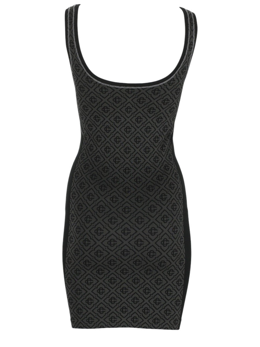 Back view of CASABLANCA monogram mini dress showing contrast upper panel, logo detail and body-hugging seamless knit