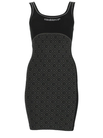 Front view of CASABLANCA black seamless mini dress with scoop neckline, fitted silhouette and all-over monogram pattern