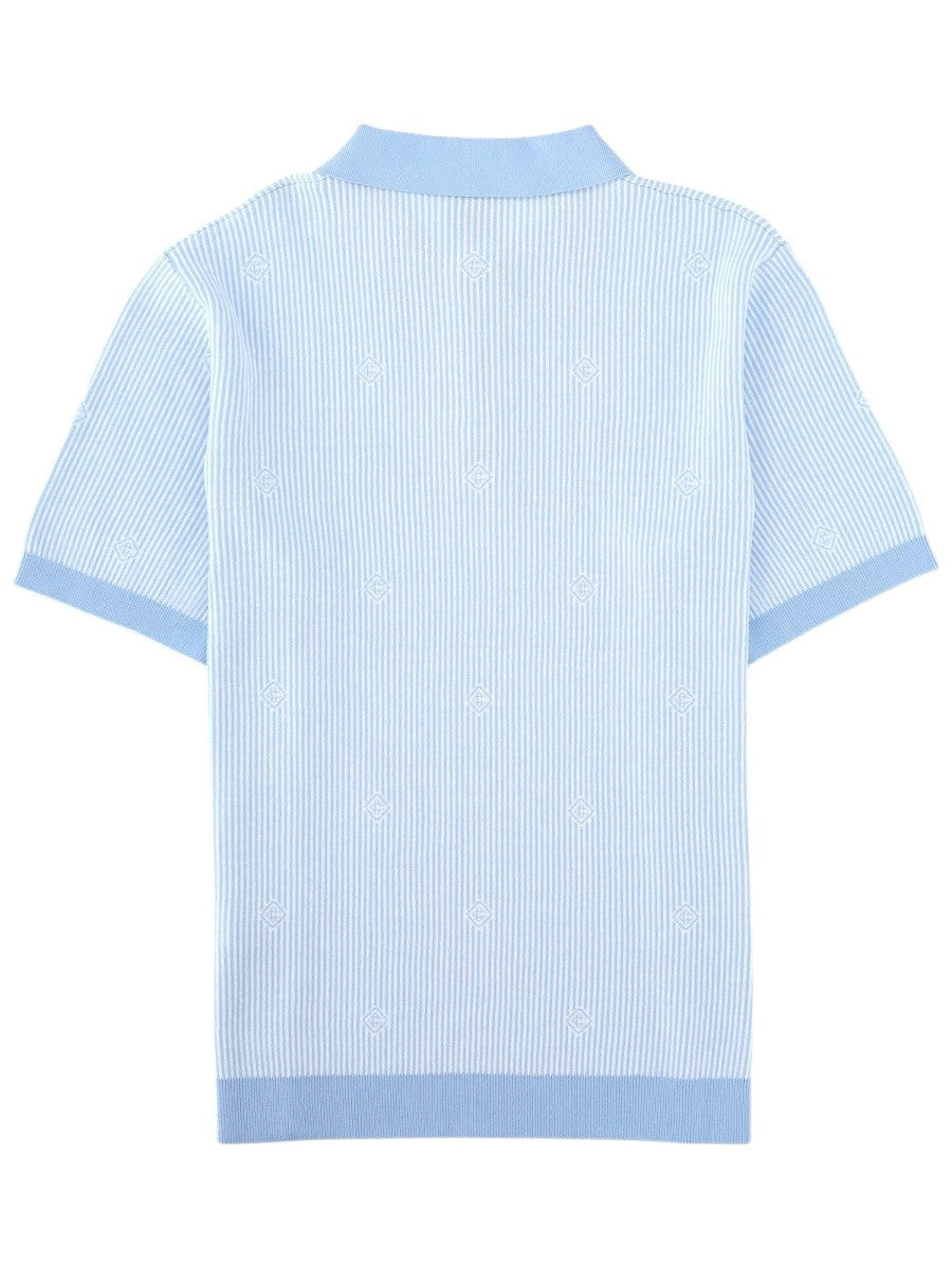CASABLANCA - Striped Monogram Knit Polo Shirt - Light Blue casablanca-striped-monogram-knit-polo-shirt-light-blue-front-jpg