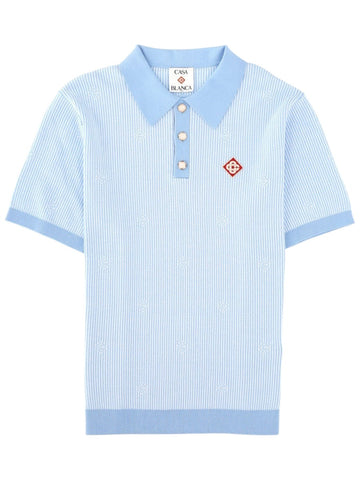CASABLANCA - Striped Monogram Knit Polo Shirt - Light Blue casablanca-striped-monogram-knit-polo-shirt-light-blue-front-jpg