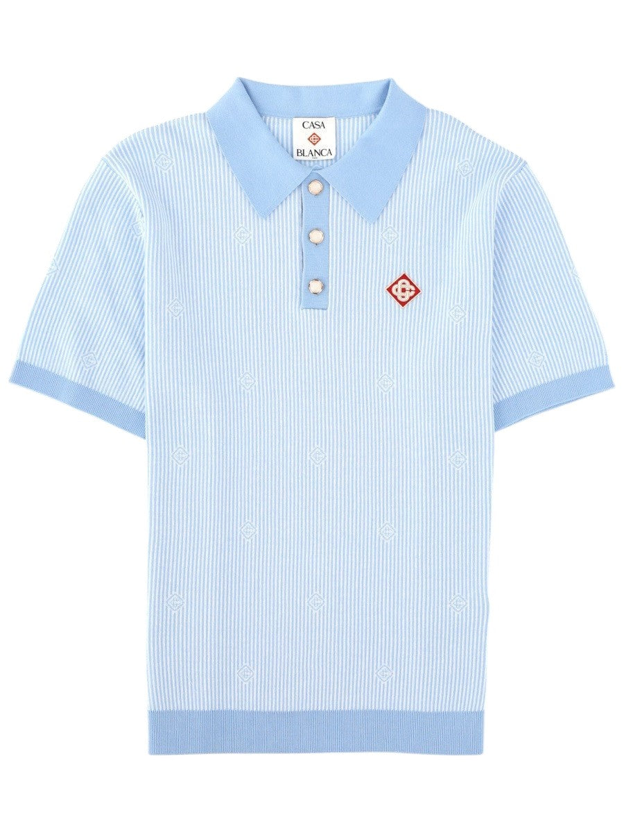 CASABLANCA - Striped Monogram Knit Polo Shirt - Light Blue casablanca-striped-monogram-knit-polo-shirt-light-blue-front-jpg