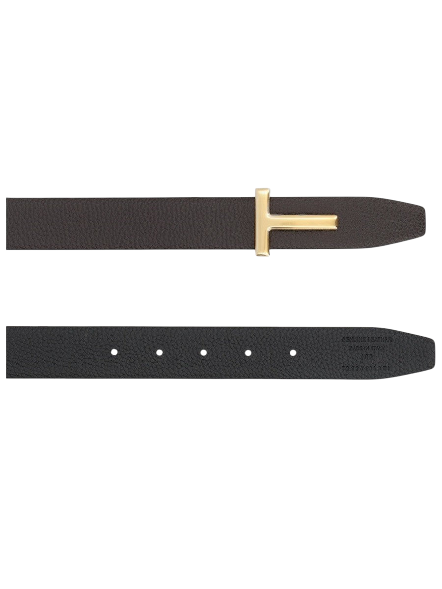 Klosmo TOM FORD brown calf leather belt with gold T Icon buckle, 3cm width, made in Italy.