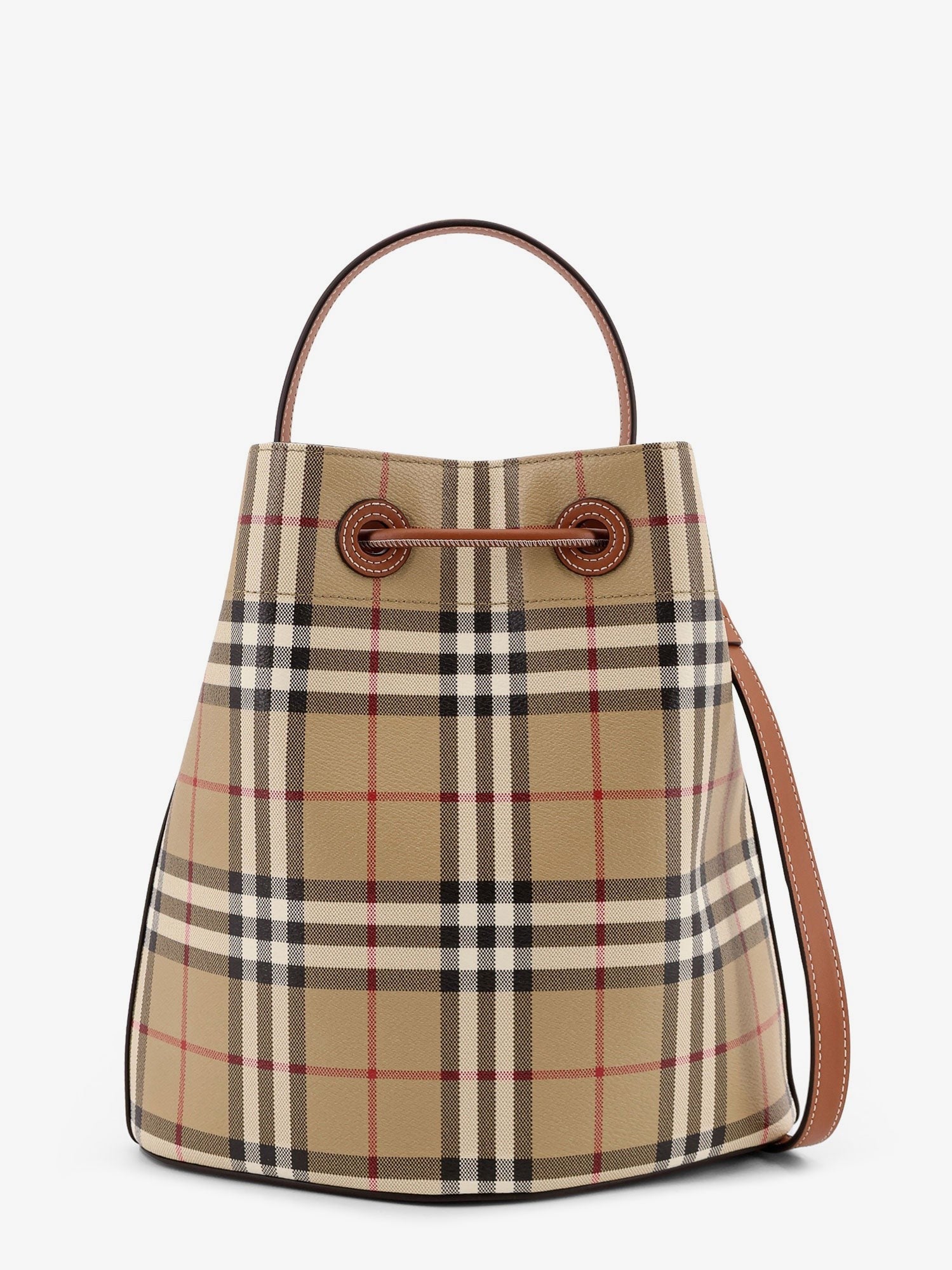 Coated canvas bucket bag with check pattern