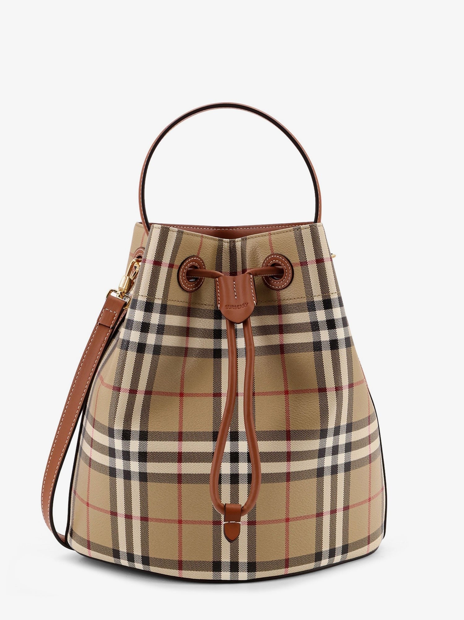 Coated canvas bucket bag with check pattern