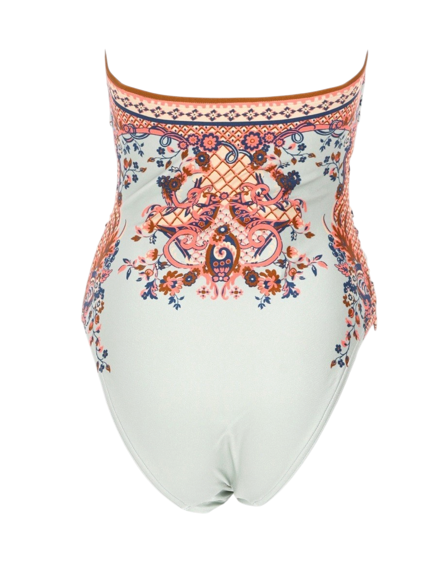 Klosmo Zimmermann Aster one-piece swimsuit featuring a light blue base with intricate floral and paisley patterns.