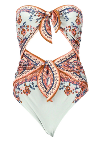 Klosmo ZIMMERMANN Aster one-piece swimsuit in light blue with a floral paisley print and front tie cut-out details.