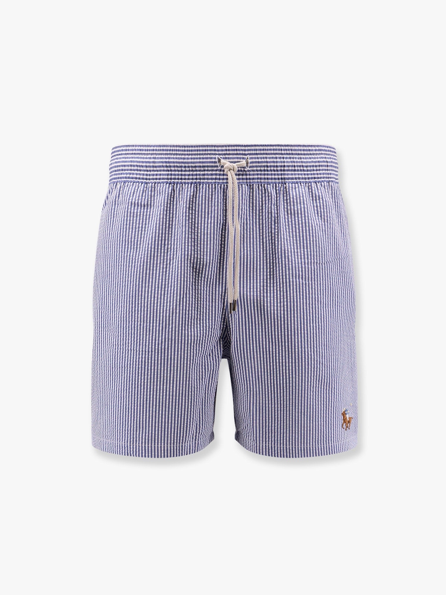 Cotton blend striped swim trunk with logo embroidery