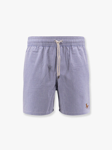 Cotton blend striped swim trunk with logo embroidery