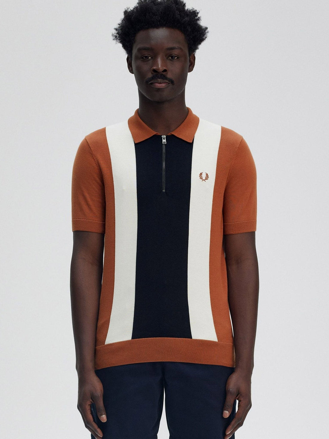 Cotton knit polo shirt with striped motif