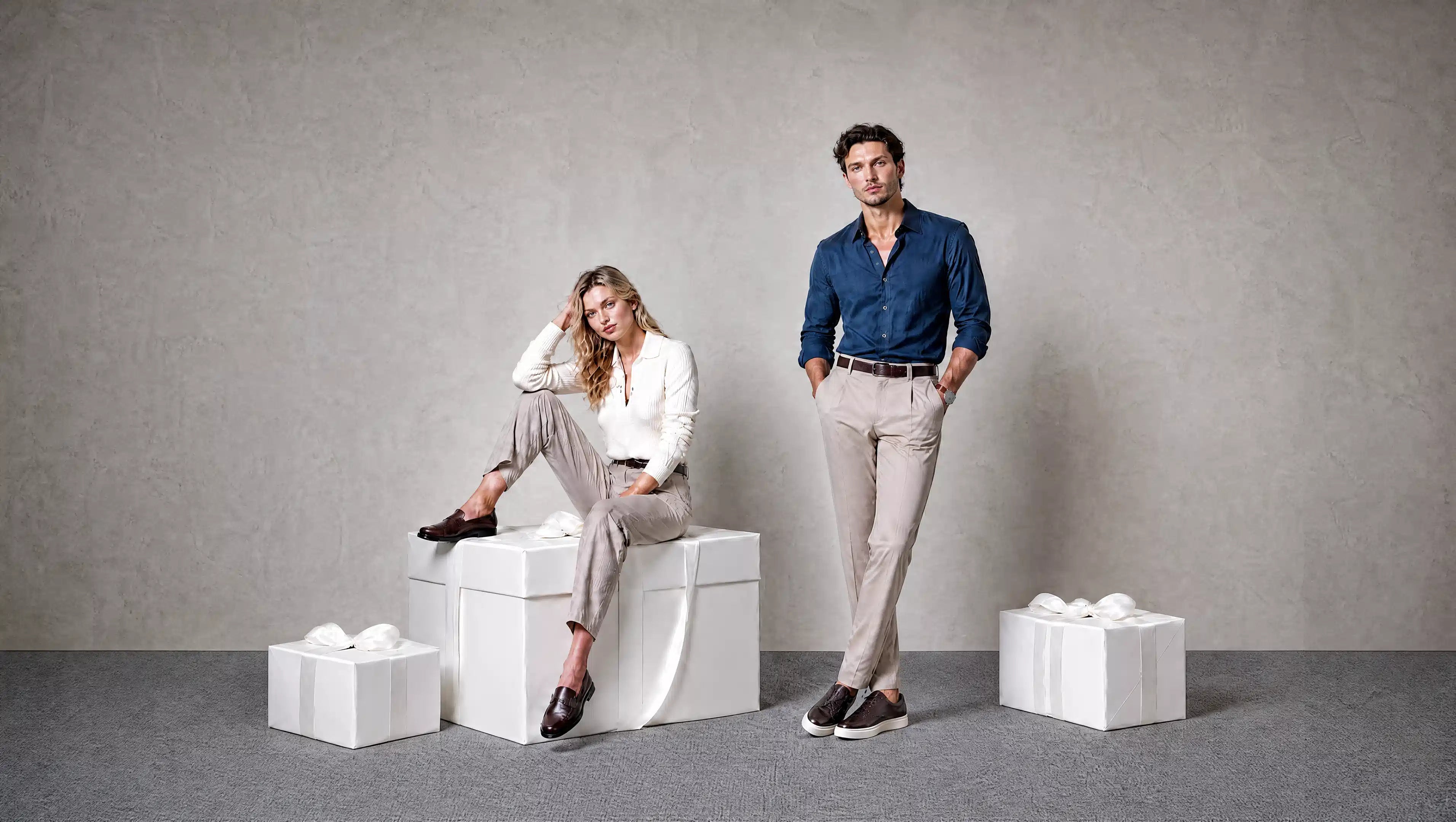 Man and woman posing on white boxes against a gray backgroundslider_item_4QEqCw