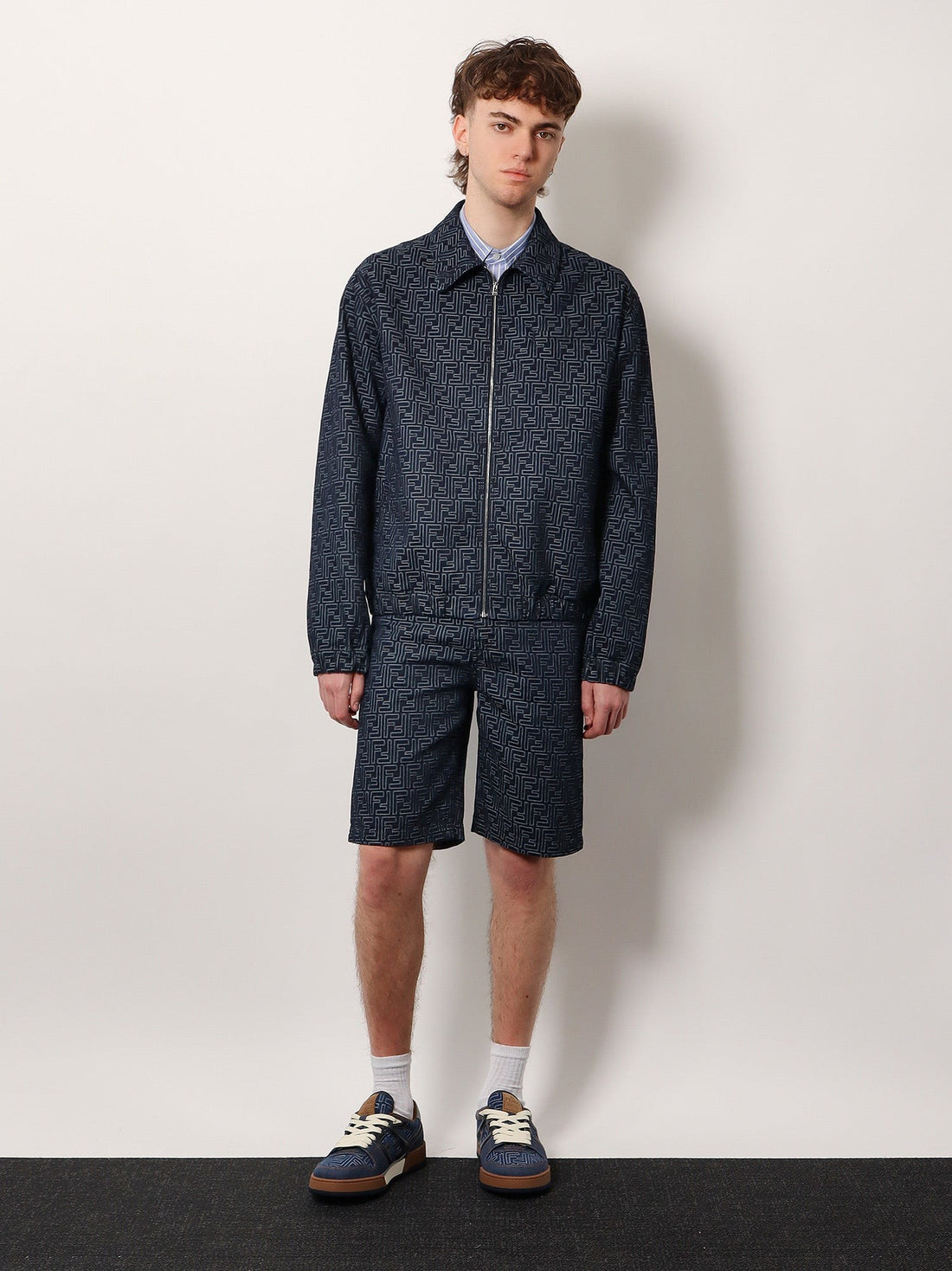 Denim bermuda shorts with all-over FF logo