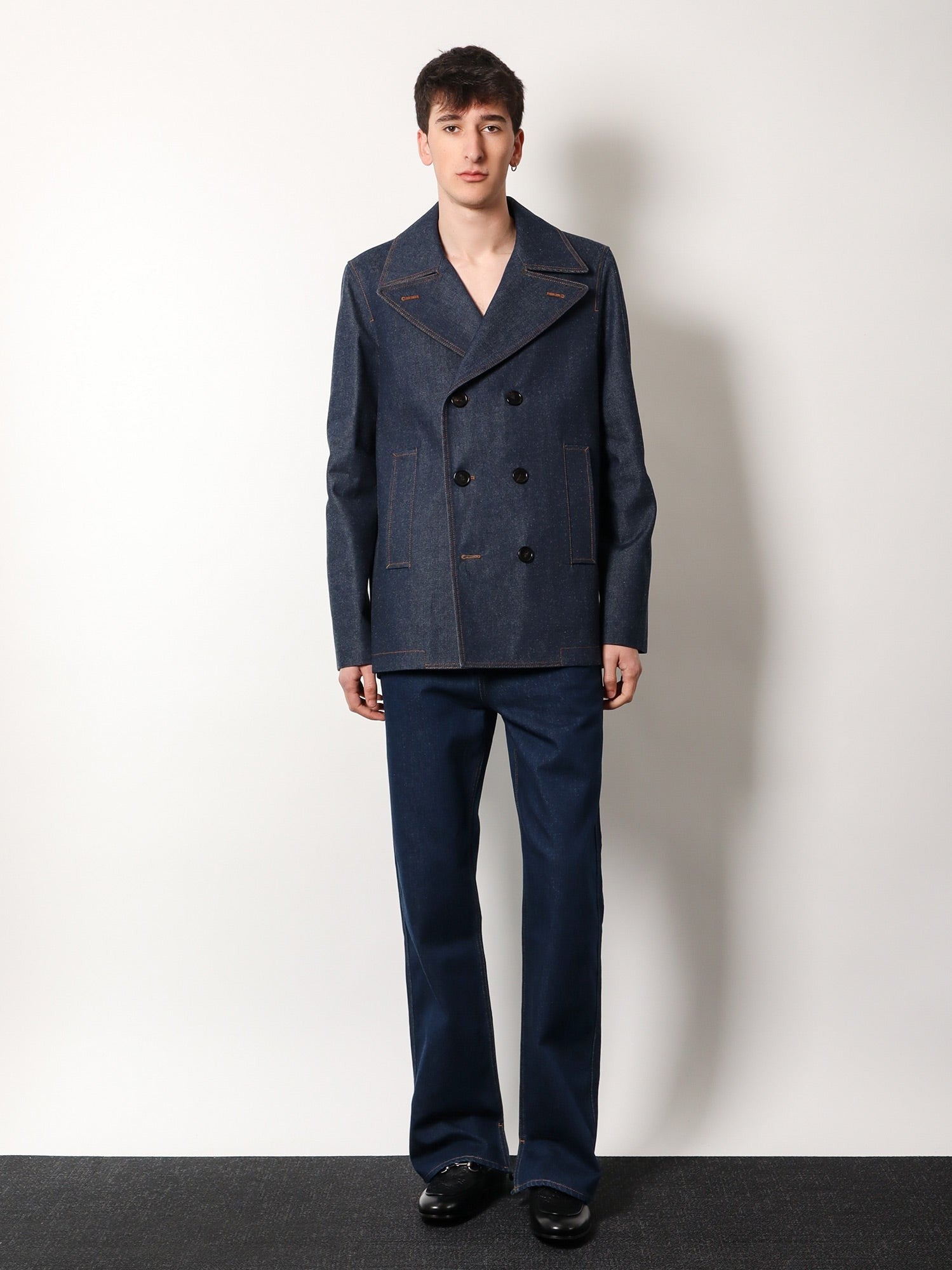 Denim peacoat with contrasting stitching