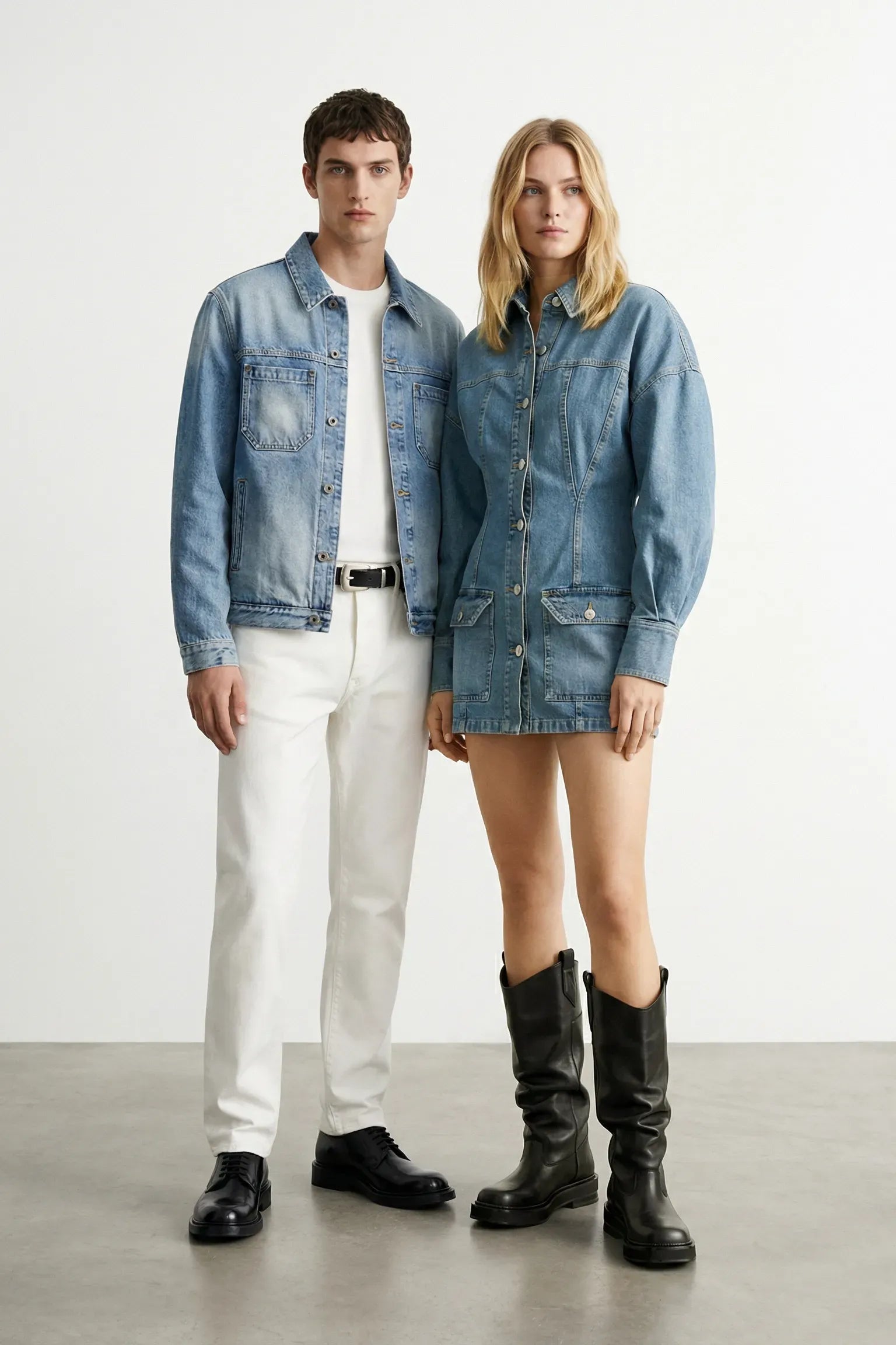A man and woman wearing denim jackets and denim dress with a modern style