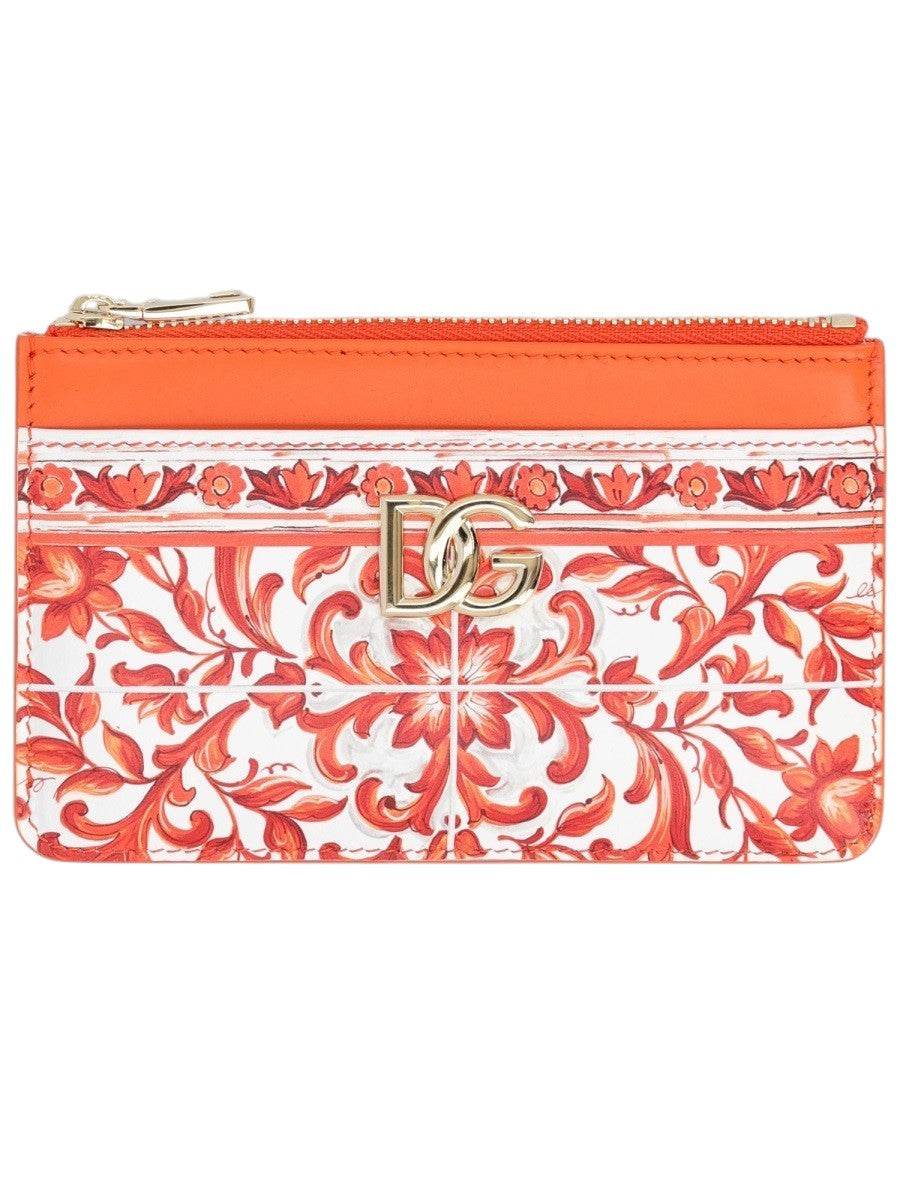 DOLCE & GABBANA - Maiolica Print Calfskin Card Holder - Orange dolce-gabbana-maiolica-calfskin-card-holder-orange-front-jpg