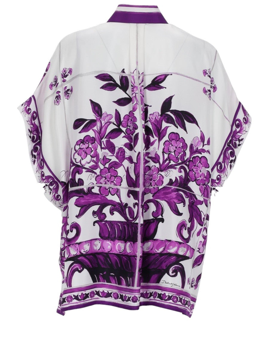 Dolce & Gabbana - CAMICIA IN TWILL STAMPA MAIOLICA dolce-gabbana-maiolica-print-twill-shirt-purple-white-front-jpg