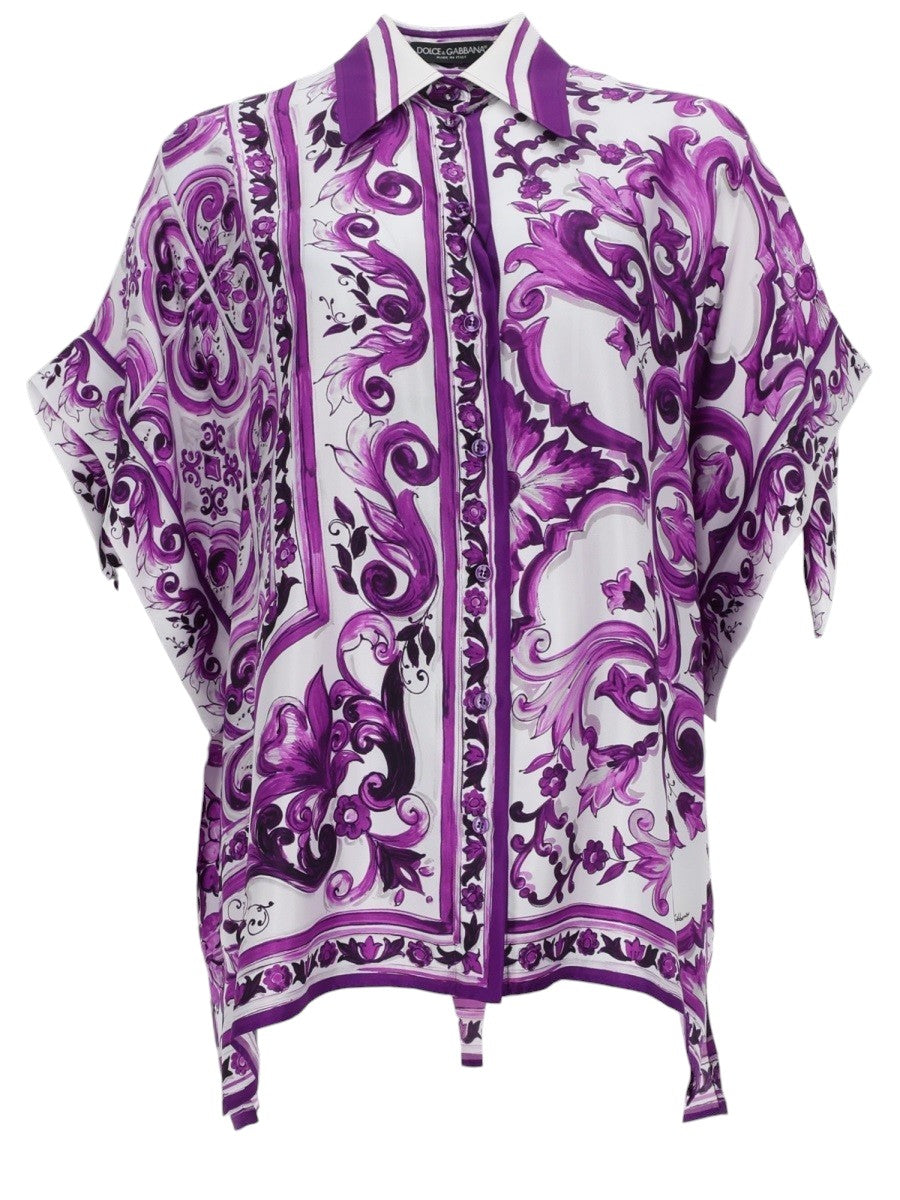 Dolce & Gabbana - CAMICIA IN TWILL STAMPA MAIOLICA dolce-gabbana-maiolica-print-twill-shirt-purple-white-front-jpg