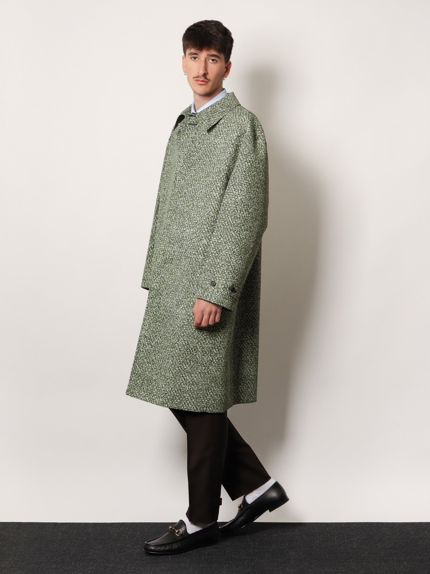 Double-breasted poplin coat with bouclé print
